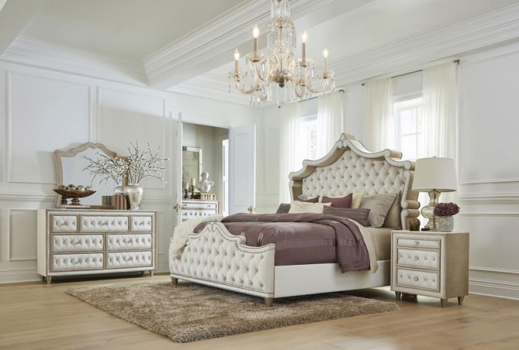 Modal Additional Images for Antonella Upholstered Eastern King Panel Bed Ivory and Camel