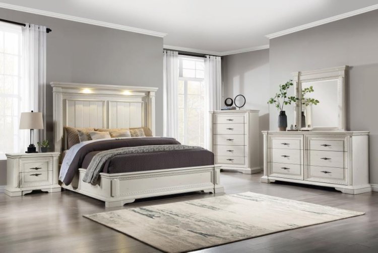 Modal Additional Images for Evelyn Queen Panel Bed with Headboard Lighting Antique White
